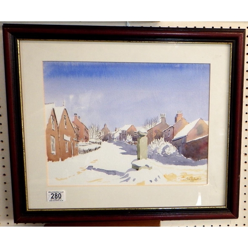 280 - A Steve Richards winter scene watercolour etc (4)