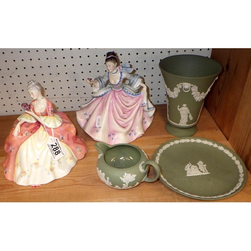 288 - Two Royal Doulton figures together with green Wedgwood Jasperware (5)