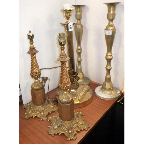 333 - A pair of gilt metal table lamps, Corinthian column table lamp and a pair of brass candlestick