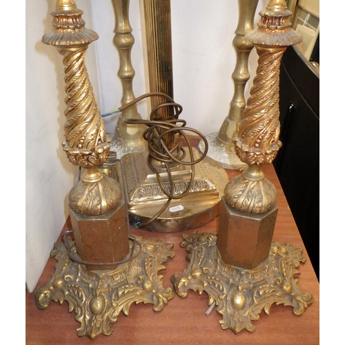 333 - A pair of gilt metal table lamps, Corinthian column table lamp and a pair of brass candlestick