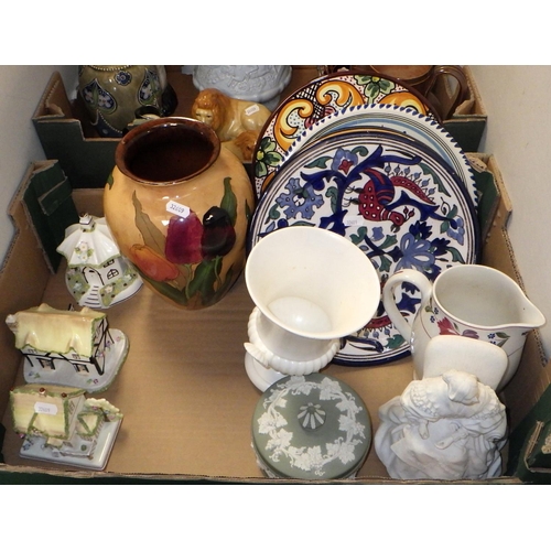 344 - A qty of misc ceramics to inc 19thC relief jug, Coalport houses, Doulton vase etc (2)