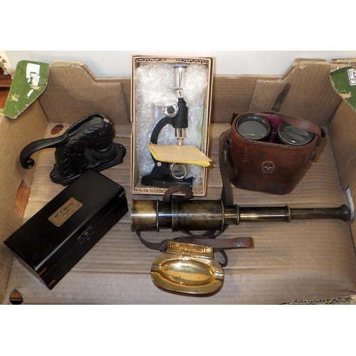 357 - A boxed microscope, desk stamp, binoculars etc