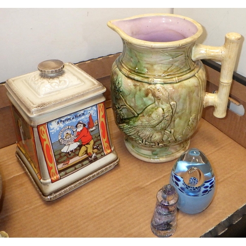 372 - A group of misc ceramics to inc Martin Bros style jug, relief jug, glass paperweights etc