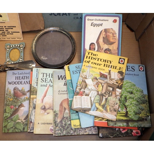 386 - A small qty of Ladybird books, scrap book, kettle etc