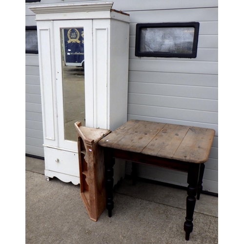 808 - A Victorian pine kitchen table together with a painted single wardrobe and a corner shelf (3)