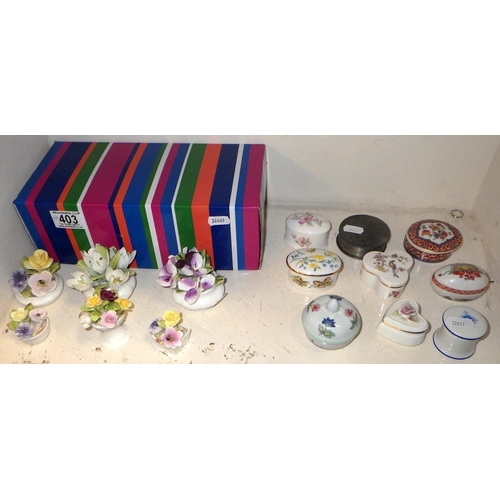 403 - A group of various pill boxes to inc Herrend together with misc ceramic flowers