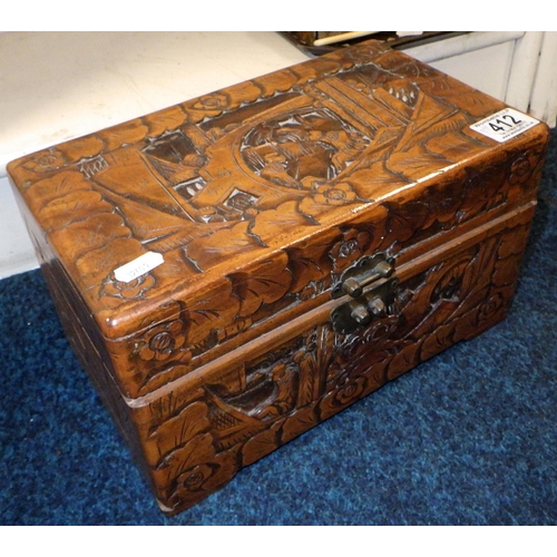 412 - An Oriental carved box, inlaid box, carved figure etc