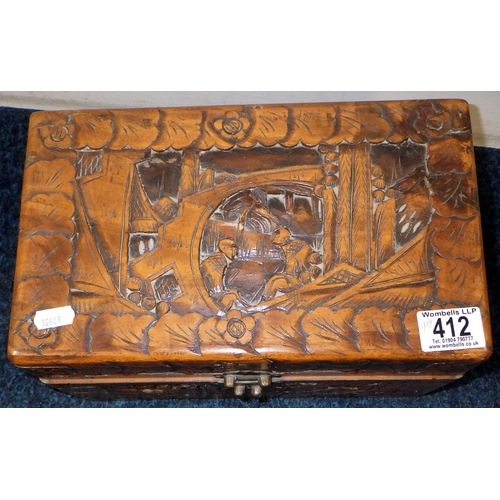 412 - An Oriental carved box, inlaid box, carved figure etc