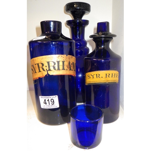 419 - Two Apothecary blue bottles together with a Bristol blue decanter and a small jar (4)