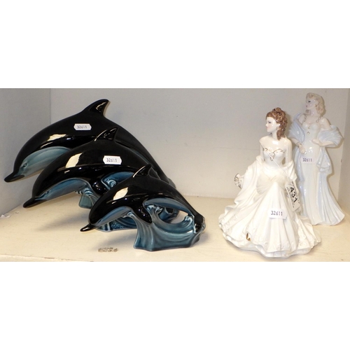431 - A Royal Worcester figure & a Coalport figure  together with three graduated Poole dolphins