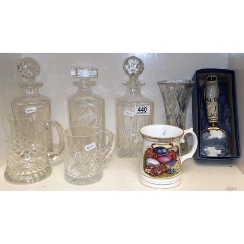 440 - A qty of misc glass to inc decanters, tankards together with a rugby cup and a magnifying glass