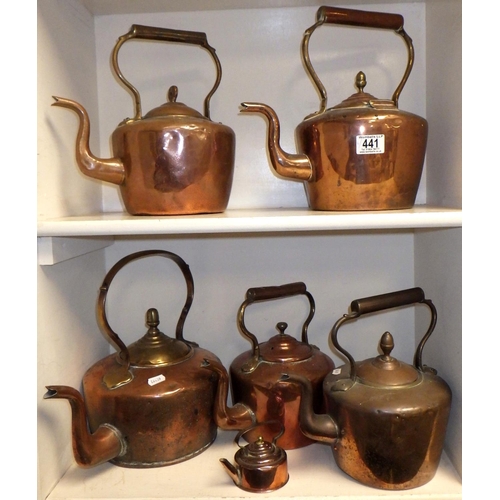 441 - A quantity of 19thC copper kettles etc (6)