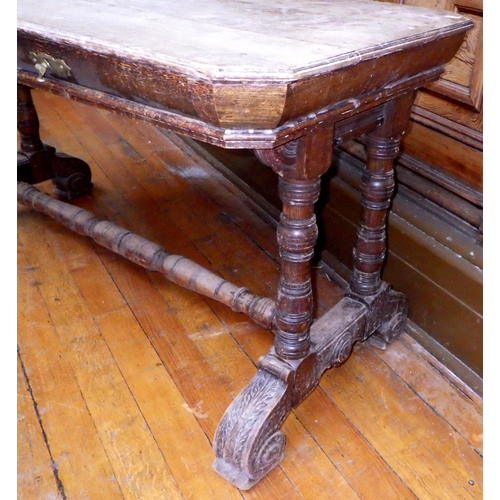 702 - A Victorian oak centre table, faded top, 136cm wide, ex Bootham Park Hospital