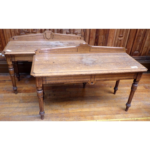 706 - Two similar late Victorian light oak side tables, a/f cracks, missing moulding, largest 144cm wide, ... 