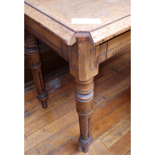 706 - Two similar late Victorian light oak side tables, a/f cracks, missing moulding, largest 144cm wide, ... 