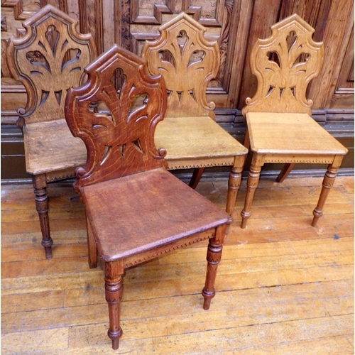 Four Victorian oak hall chairs, ex Bootham Park Hospital
