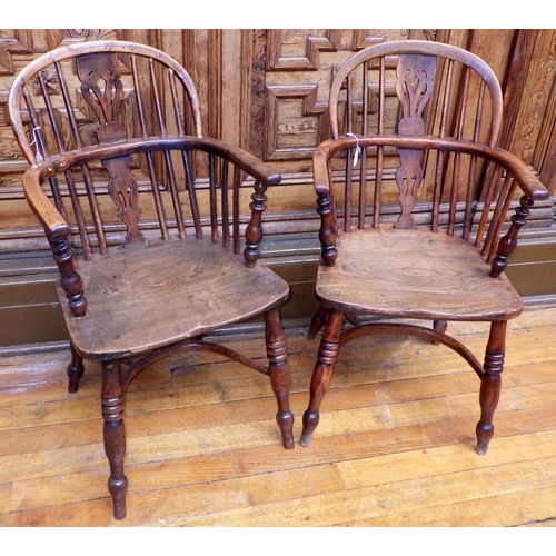 A pair of 19th cen low backed yew Windsor chairs, a/f breaks, ex Bootham Park Hospital