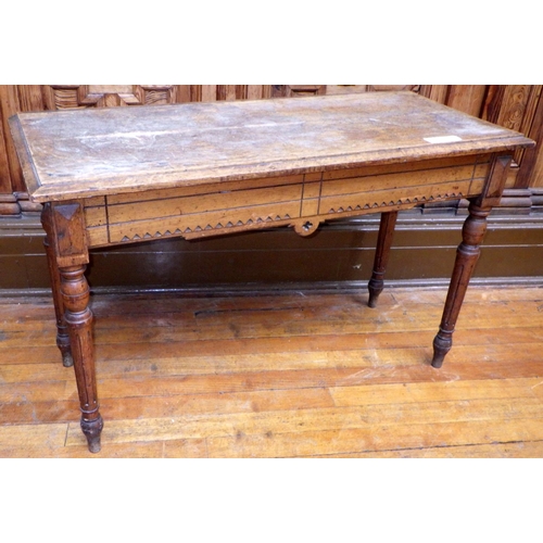 713 - A late Victorian light oak side table , missing moulding, 123cm wide, ex Bootham Park Hospital