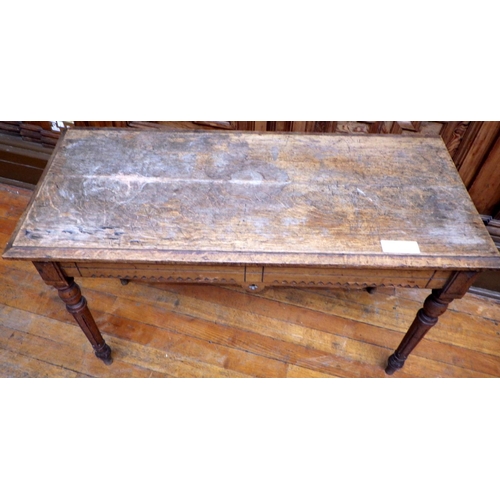 713 - A late Victorian light oak side table , missing moulding, 123cm wide, ex Bootham Park Hospital