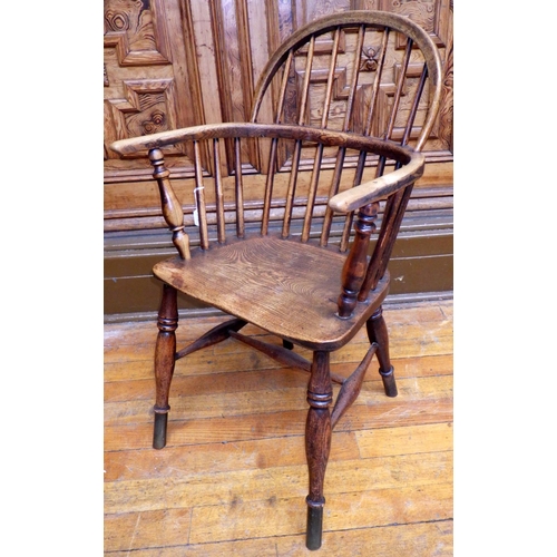 715 - A 19th cen ash & elm Windsor Chair, later brass feet, ex Bootham Park Hospital