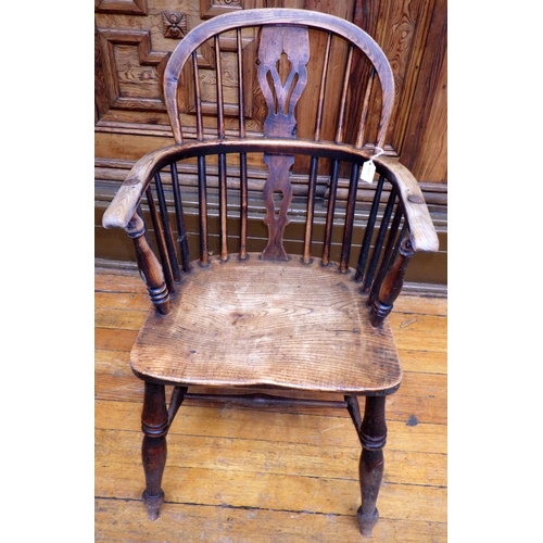 716 - A 19th cen ash & elm Windsor chair with central pierced splat & H stretcher, ex Bootham Park Hospita... 