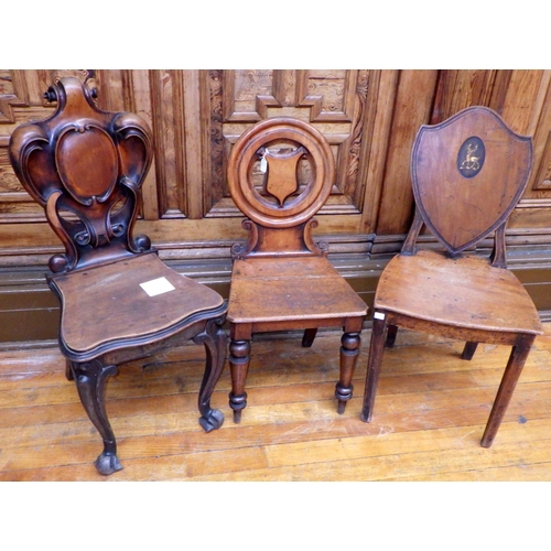 723 - Three various 19th cen hall chairs, a/f, ex Bootham Park Hospital