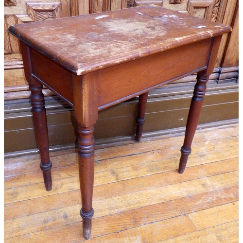 724 - A small Victorian pine side table on turned legs, marks, 70cm wide, ex Bootham Park Hospital