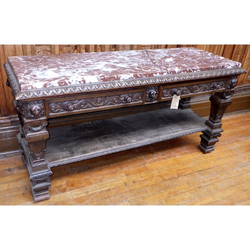 A late Victorian carved oak serving table with marble inset top, marble broken, Pratt & Son Label, Bradford, ex Bootham Park Hospital