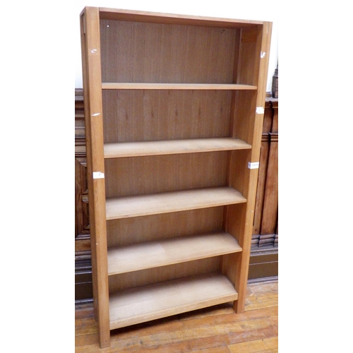 738 - A tall modern oak open bookcase with fixed shelves, 100cm wide, ex Bootham Park Hospital