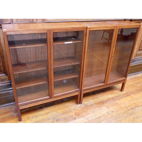 748 - Two teak low bookcases, one missing shelves, both 91cm wide, ex Bootham Park Hospital