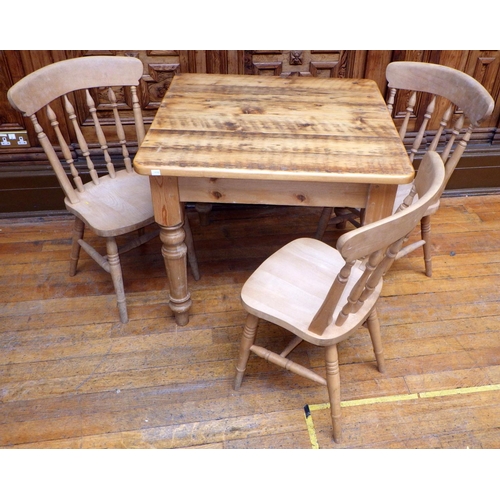 753 - A modern pine kitchen table together with three chairs, 91cm across, (4), ex Bootham Park Hospital