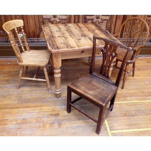 756 - A modern pine kitchen table, 91cm across, together with three various chairs (4) ex Bootham Park Hos... 