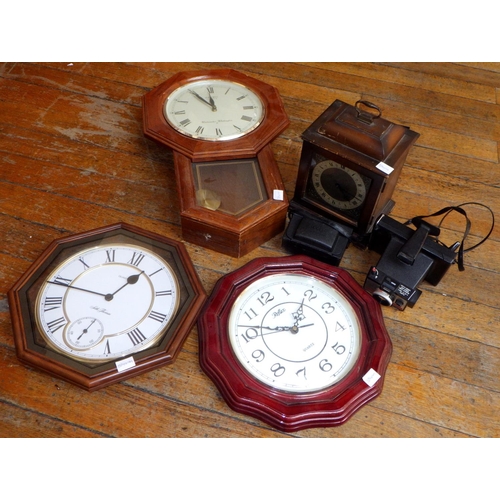 768 - Four various modern clocks and two cameras (a/f), ex Bootham Park Hospital