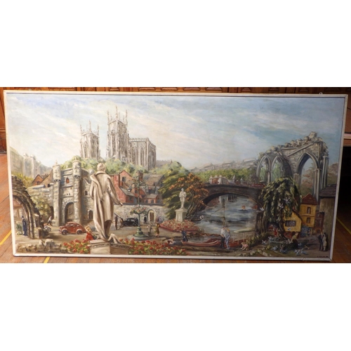 769 - A large montage of various York scenes, oil on board, signed K. Taylor, 59, 247cm wide, ex Bootham P... 