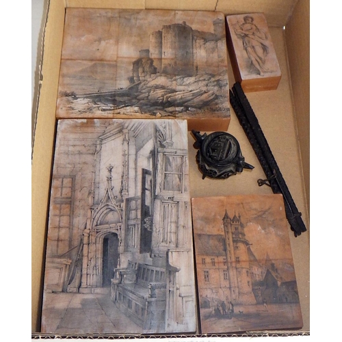 445 - Four 19th cent woodblock printing plates, scenes incl Harlech Castle, Rouen etc; an Irish bog-oak mi... 