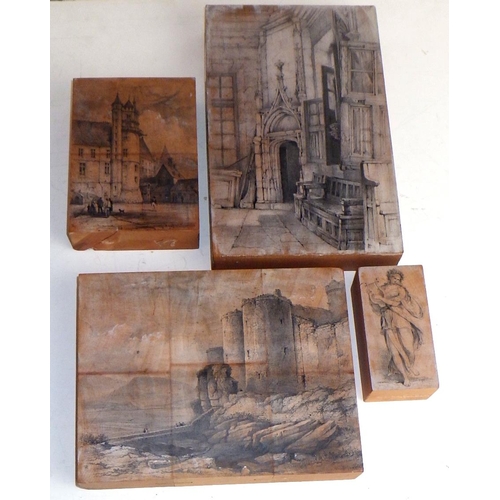 445 - Four 19th cent woodblock printing plates, scenes incl Harlech Castle, Rouen etc; an Irish bog-oak mi... 