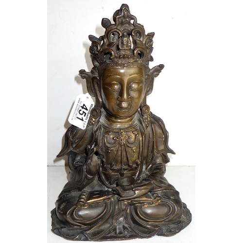 451 - A bronze of Guanyin / Bodhisattva, cast bronze bearing traces of gilt.  Holes and pitting to body be... 