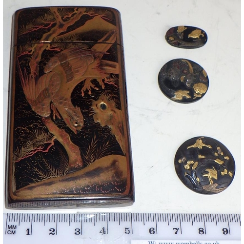 463 - A Japanese lacquered visiting card case, 9.5 x 5cm; three iroe takazogan decorated disks - two being... 