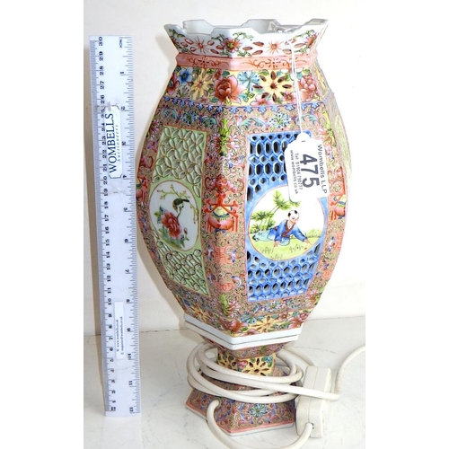 475 - A Chinese famille rose wedding lantern, porcelain with pierced design, 20th cent.  32cm tall incl sh... 