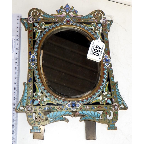 480 - A standing vanity mirror comprising a rectangular frame with an oval plate, brass with cloisonné ena... 