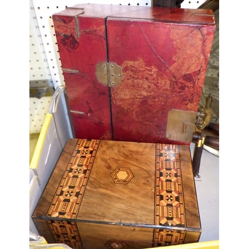 518 - A brass top folding table, inlaid box together with a qty of miniature pictures etc