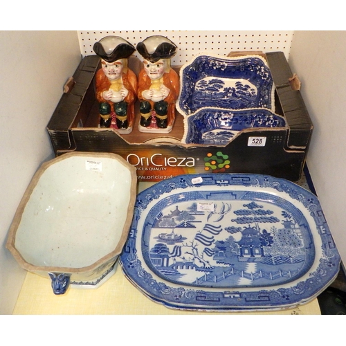 528 - A group of 19thC and later ceramics to inc two willow pattern meat plates etc AF