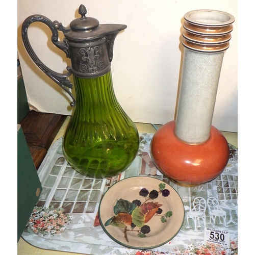 530 - A small Wemyss plate together with a Royal Copenhagen lamp base and a green glass jug (3)