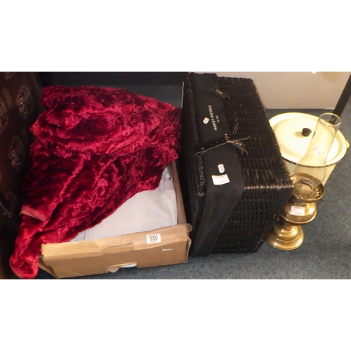 550 - A Harvey Nichols basket, misc linen, enamel pot and an oil lamp