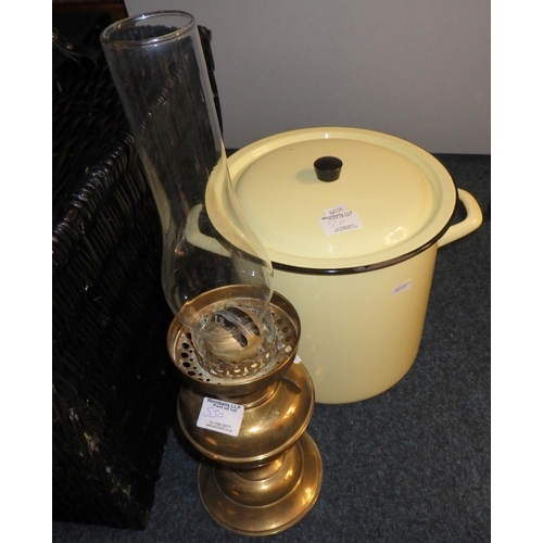 550 - A Harvey Nichols basket, misc linen, enamel pot and an oil lamp