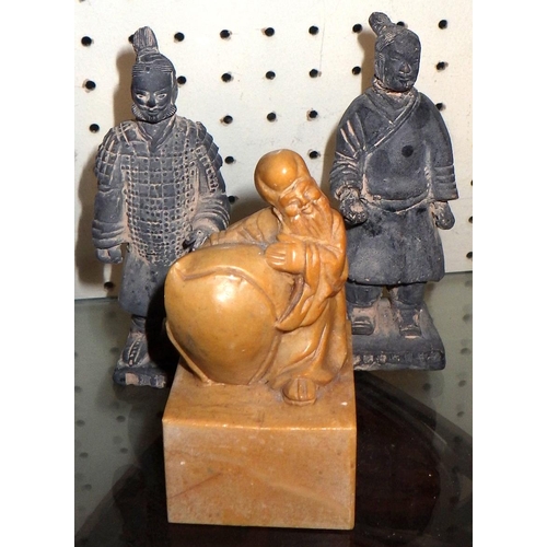 572 - A group of three Chinese soapstone figures together with further similar figures etc