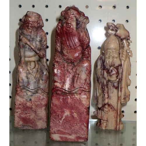 572 - A group of three Chinese soapstone figures together with further similar figures etc