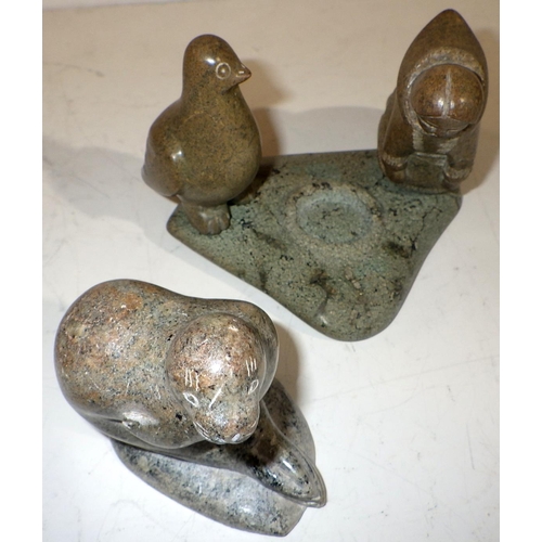 487 - A John Perry sculpture together with two polished stone Eskimo art figures (3)
