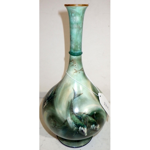 488 - A long neck Hadley's Worcester vase, decorated with fish 26cm tall. Restored