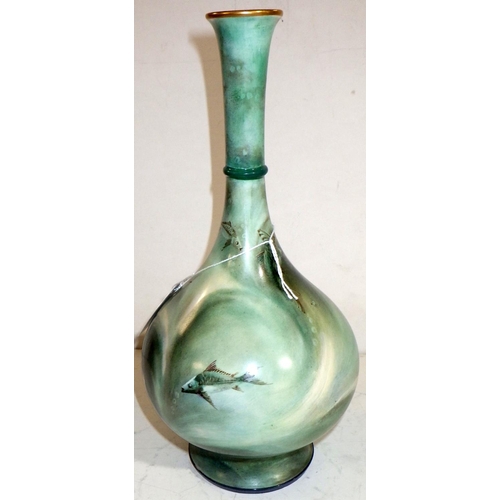 488 - A long neck Hadley's Worcester vase, decorated with fish 26cm tall. Restored